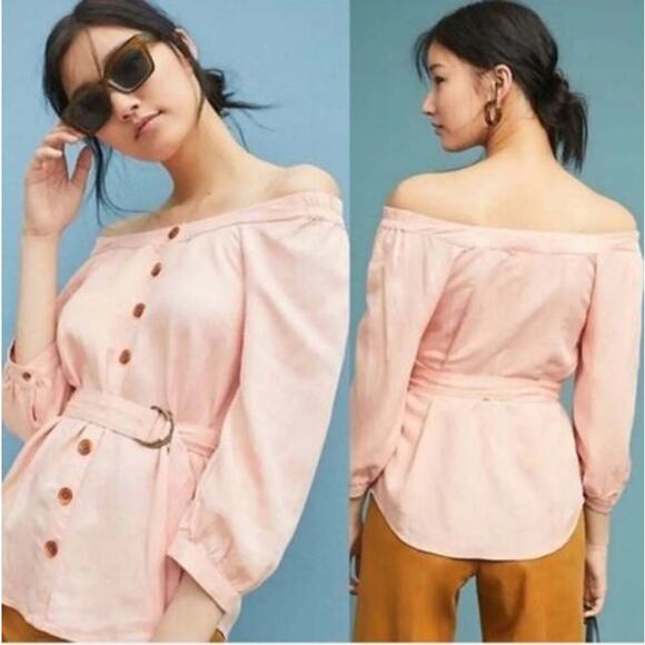 Maeve Tops - Maeve by Anthropologie Alanis Peach Linen Belted Button Down Top Shirt Medium